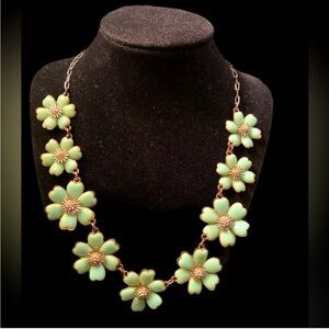 Beautiful Flowers in Mint Green with Rhinestone gold tone necklace.